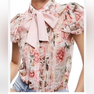 NEW Alice Olivia MINDA RUFFLE SLEEVE BLOUSE WITH TIE NECK